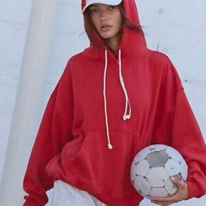 Free People Red Oversized Hoodie with White Drawstrings